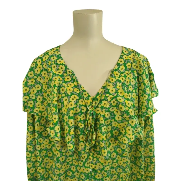 Blouse légère manches longues à volants col en V volanté fleurs jaune et vertes A - photo numéro 5