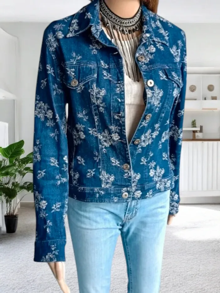 Veste en jean Hennes ,coupe droite , motifs blancs floraux, texture stretch - photo numéro 5