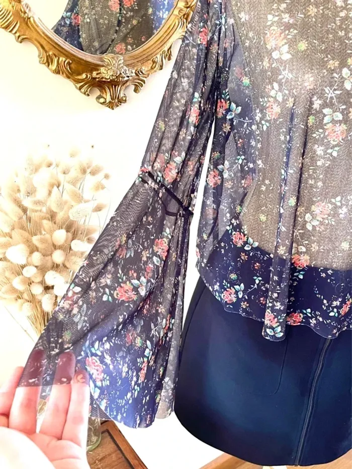 Sublime top fluide floral à manche large en tulle mango taille S - photo numéro 3
