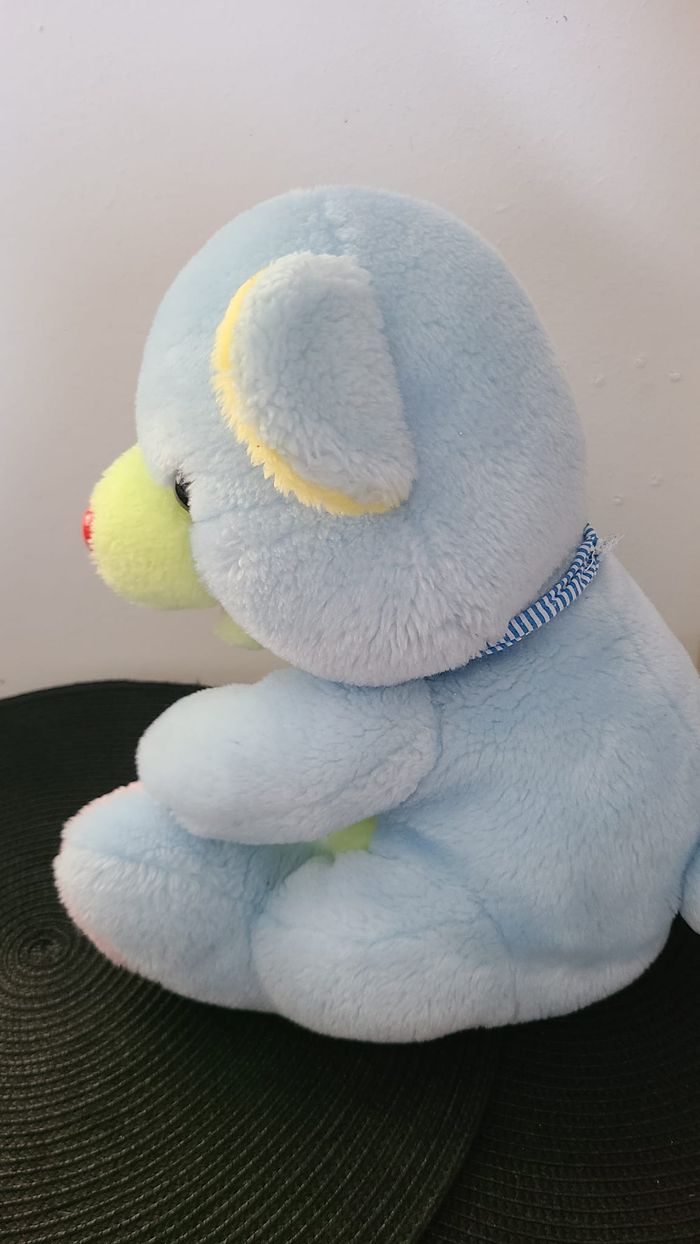 peluche vintage ours bleu jaune rose marki - photo numéro 5