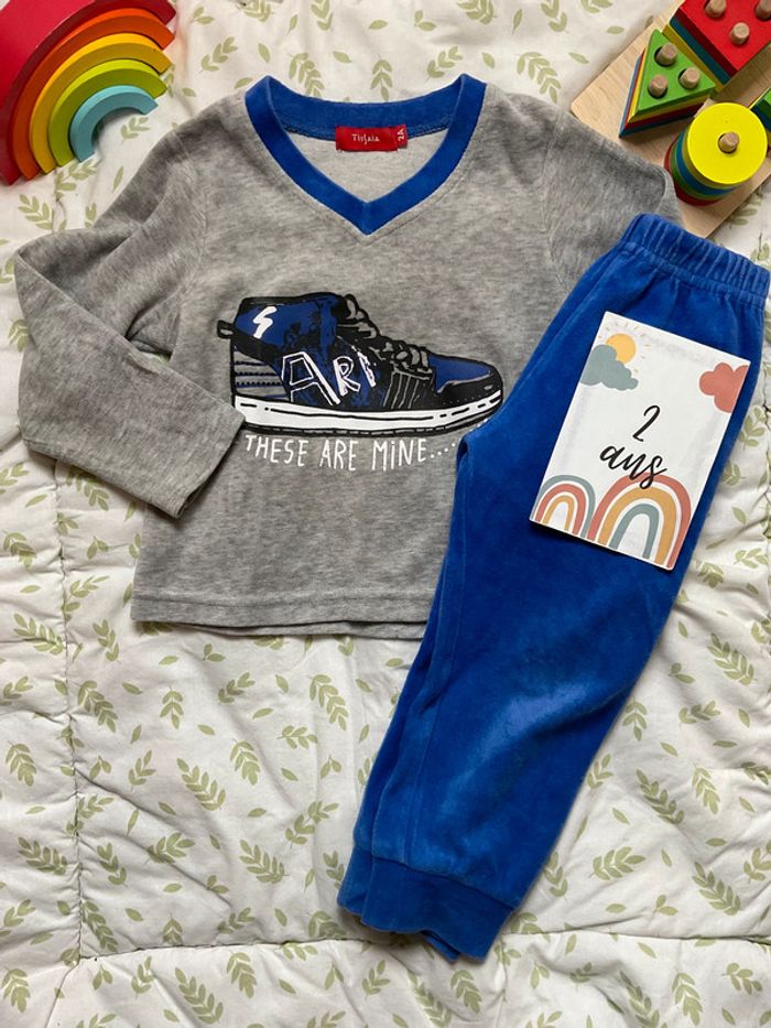 pyjama 2 pièces en velours gris et bleu tissaia 2 ans - photo numéro 2