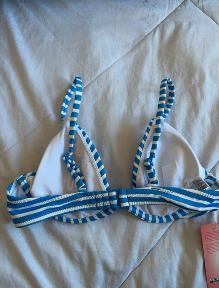 Haut de maillot de bain bikini bleu blanc rayé penti taille XS/34 neuf - photo numéro 3