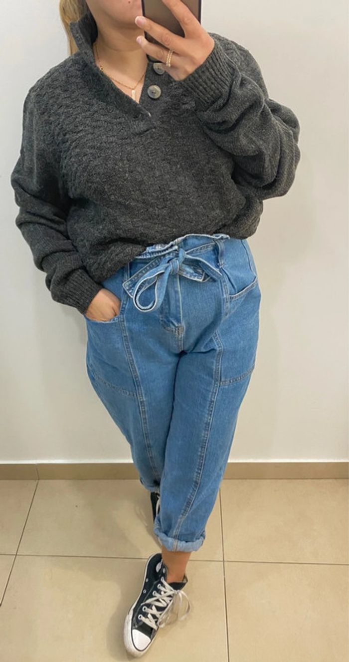 Superbe Pull Gris Chiné Avec  Boutons Taille M - photo numéro 3