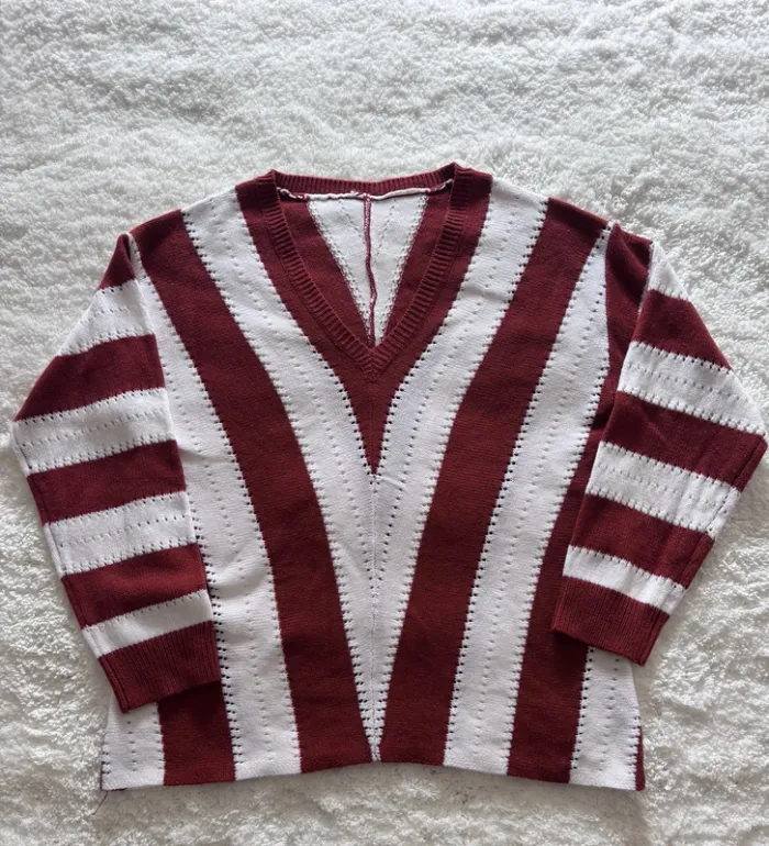 Pull rayé Marron et blanc – Taille XL – Style rétro chic - photo numéro 3