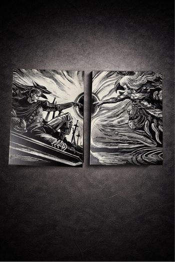 Lot de 2 tableaux Berserk épique noir et blanc – toiles manga 30x40 cm déco murale dark fantasy