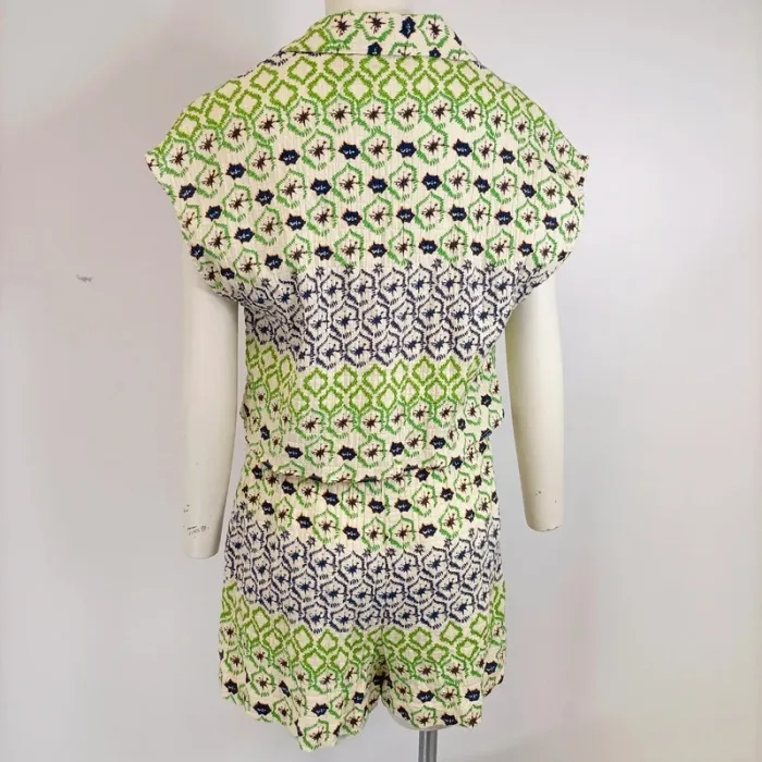 Ensemble ZARA coton imprimé ethnique vert bleu M haut boutonné + short taille cordon A567 - photo numéro 4