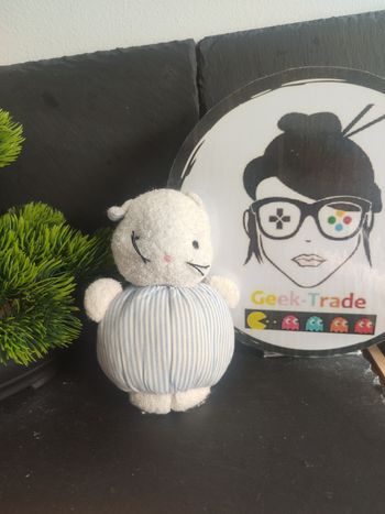 Doudou boule souris blanche bleu rayé chat éponge ancien Petite Peluche noir