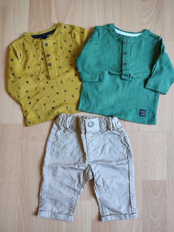 Lot tenue neuve pantalon léger + 2 t-shirts manches longues col tunisien Kiabi en 1M