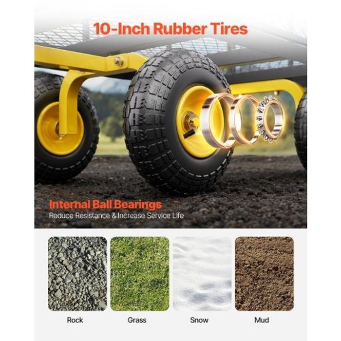 VEVOR Chariot de Jardin Transport, Charge 408,23 kg, Chariot Utilitaire Robuste Tractable Extérieur en Métal avec Pneus 254 mm, Côtés Amovibles en Maille Réglables, Poignée Rotative 180°, Jaune Noir - photo numéro 9