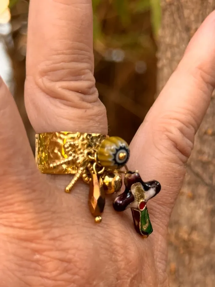 Bague habaha Paris large réglable médaille vierge croix porcelaine œuf perle pierre - photo numéro 5