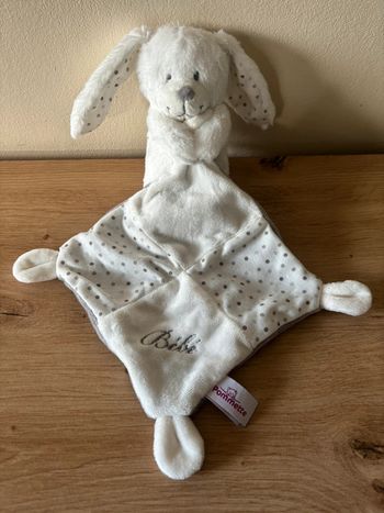Doudou lapin blanc mouchoir bebe pois gris pommette