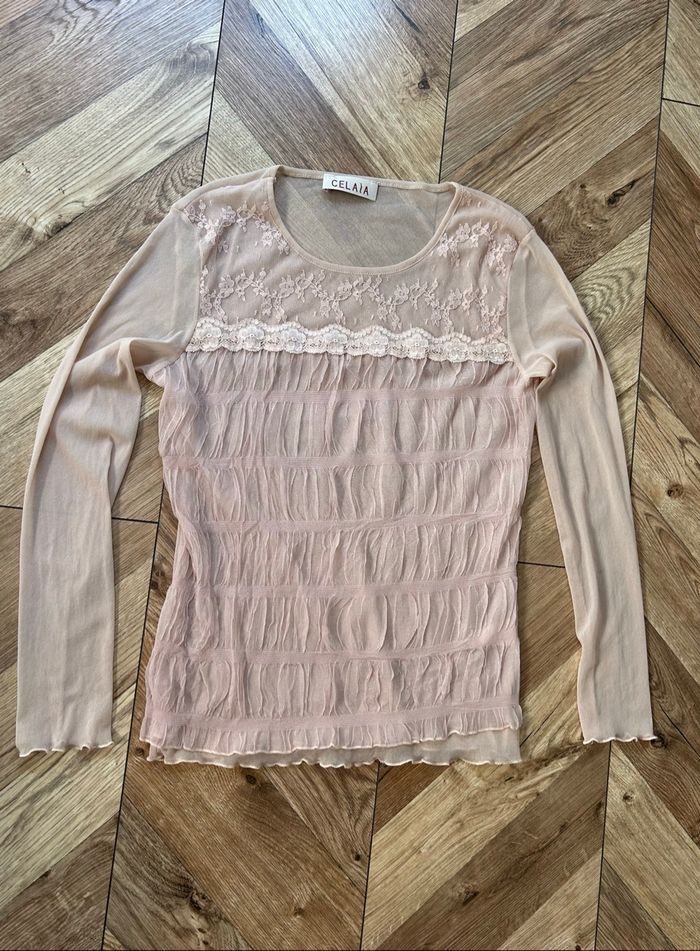 Top / Sous-Pull Transparent Celaia - Dentelle et Tulle Froncé - Rose Poudré - photo numéro 3