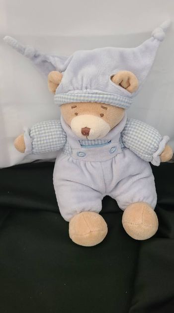 Peluche ours NICOTOY bleu carreaux grelot 24 cm