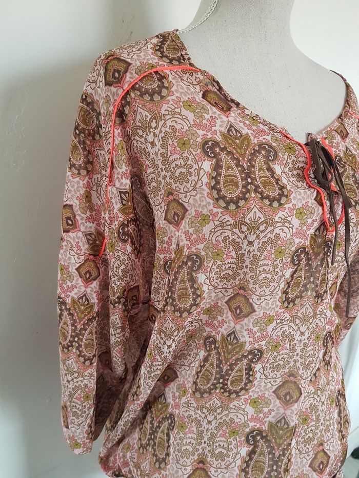 Blouse transparente voile motifs cachemire marron, kaki, roses, aisselles 60cm, Miss Captain, T44 - photo numéro 2