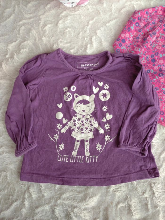 Lot de 2 tee shirt manches longues Fille 9 mois Fleurs Chat Cute Little kitty In Extenso 100% coton - photo numéro 3