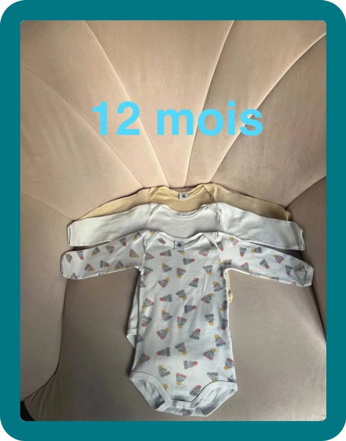 Lot 3 bodies manches longues mixte 12 mois - Petit Bateau