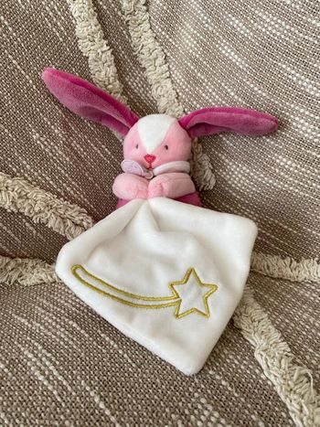 Peluche doudou mouchoir 16cm Babynat lapin rose et blanc étoile filante parfait état