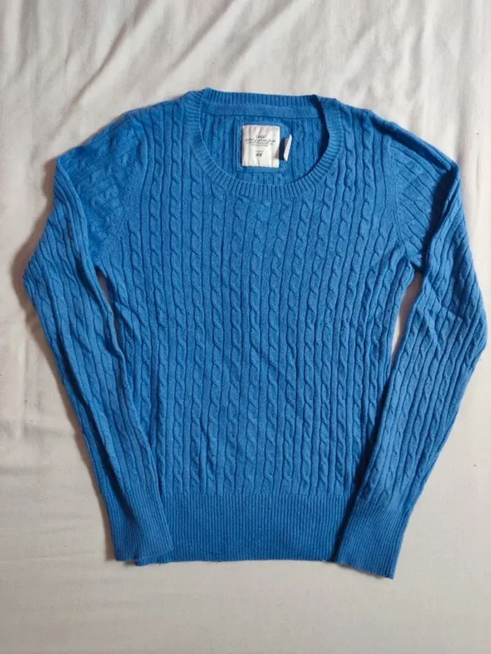 Pull col rond tressé/torsadé bleu clair H&M taille M - photo numéro 5