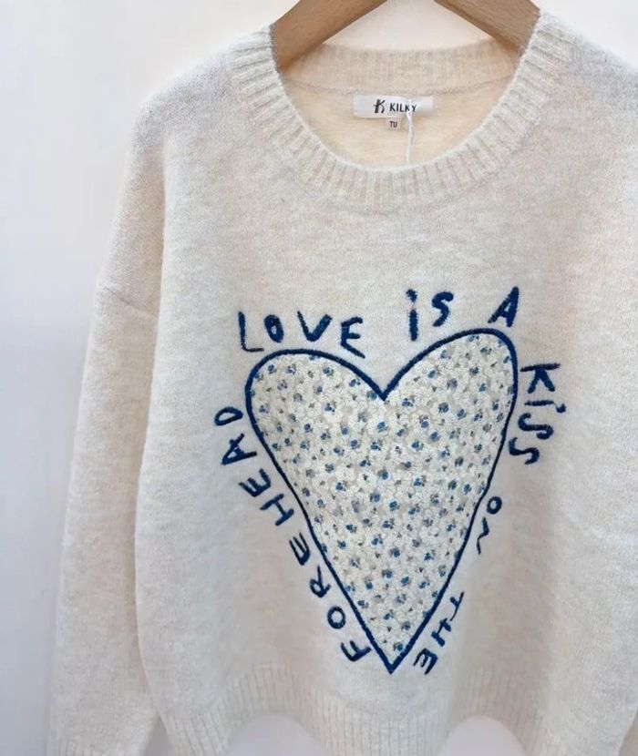 Pull beige logo coeur fleur broderie tendance laine - photo numéro 2