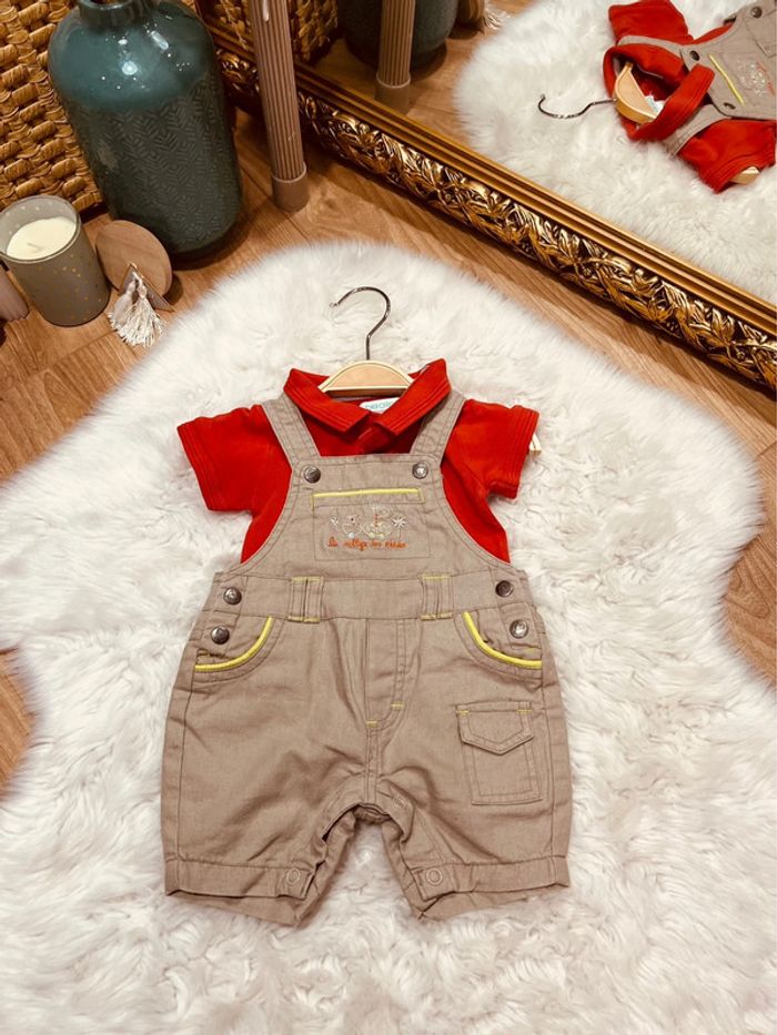 Taille 1 mois ensemble 2 pièces garçon orchestra Obaibi beige et rouge * salopette polo * 💙