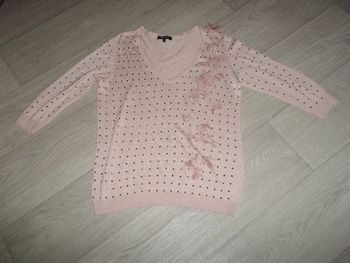 Pull MORGAN rose poudré froufrous et strass carrés taille 40 TBE