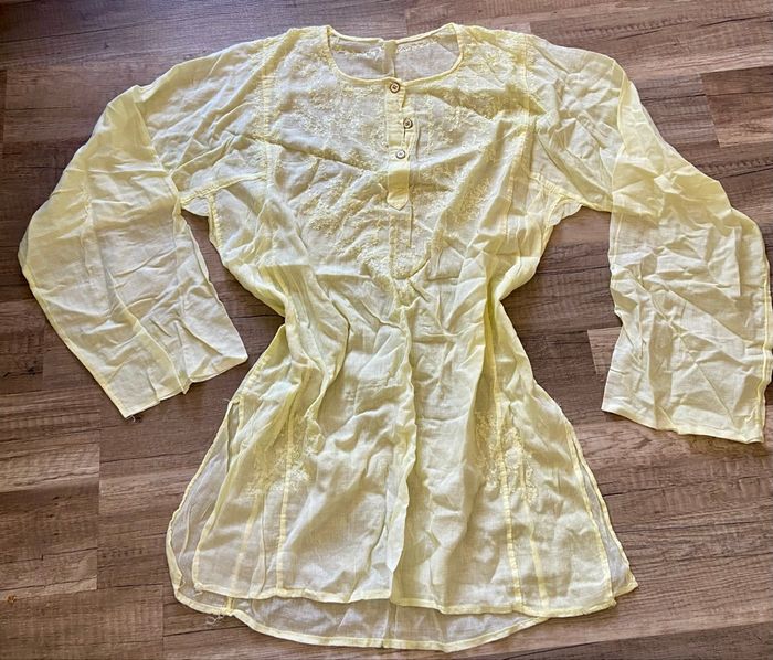 Chemisier blouse léger transparent jaune avec broderie s - photo numéro 4
