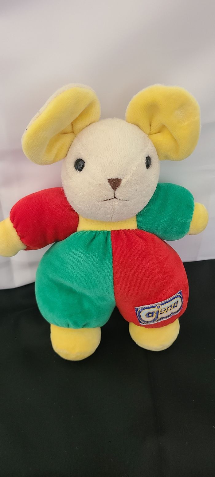 Doudou Peluche Souris Rouge Vert Jaune Grelot Ajena Ancien Vintage