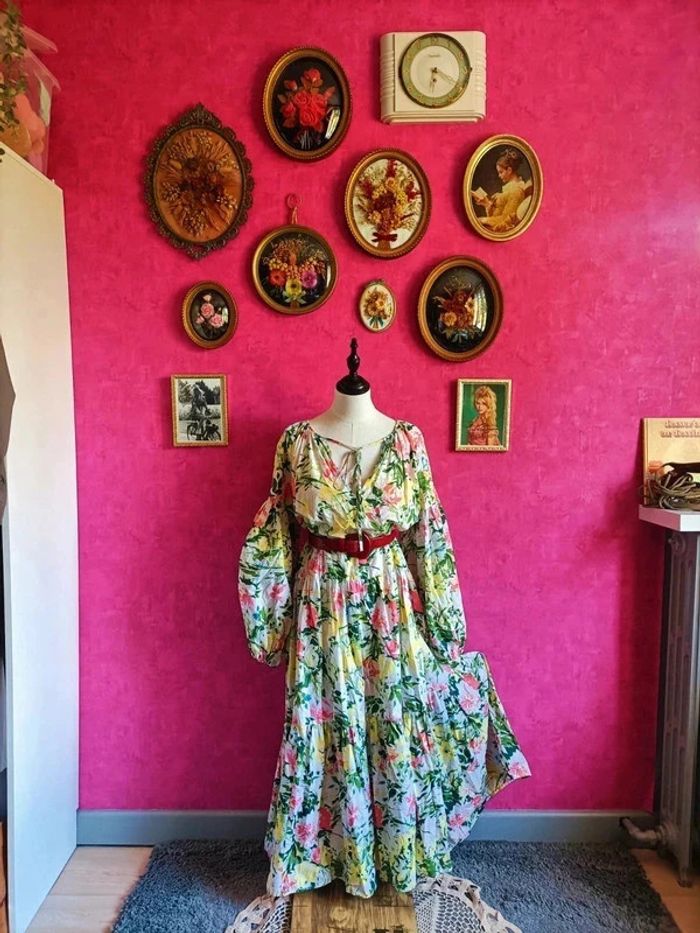 Robe maxi vaporeuse manches longues bouffantes style bohème à fleurs H&M taille M - photo numéro 2
