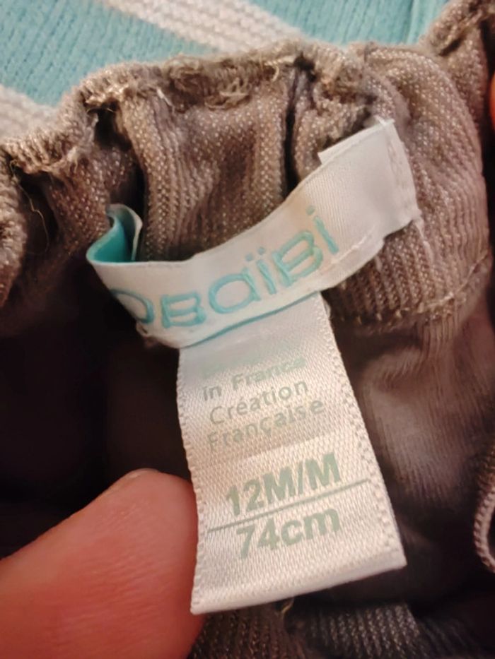Ensemble garçon 12 mois pull turquoise a rayures blanches et jean gris obaibi - photo numéro 4