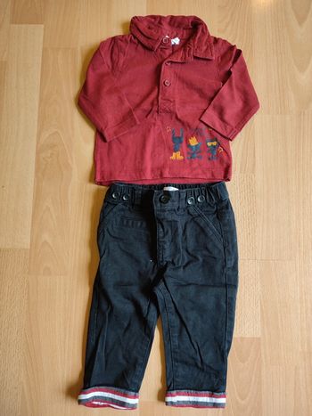 Lot ensemble pantalon+ t-shirt manches longues Kitchoun assortis en 6-9M