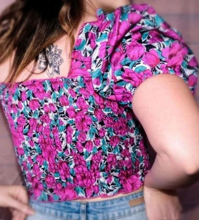 Crop top élastique fleuri rose - photo numéro 3
