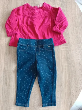 Ensemble haut rose DPAM et pantalon bleu Obaibi bébé fille 6 mois