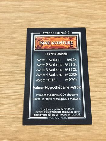 Carte titre de propriété Parc aventure pièce détachée jeu de société Monopoly Millionnaire #A45