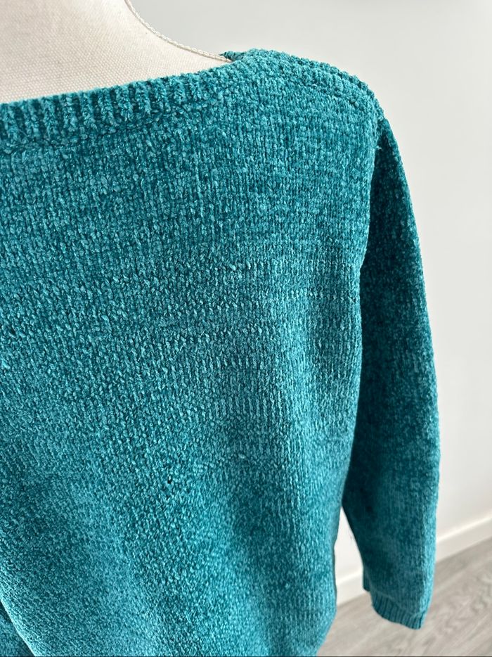 Pull en maille chenille bleu canard pailleté Vintage T42 XL - photo numéro 7