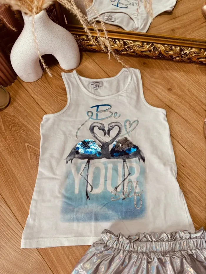 Taille 6 ans tenue 2 pièces fille Ovs Galeries Lafayette blanc bleu argenté * be you * 🩷 - photo numéro 2