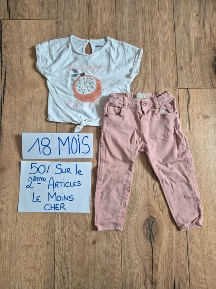 Ensemble Jean pantalon rose zara baby 12/18 mois et Tee-shirt manche courte sequins