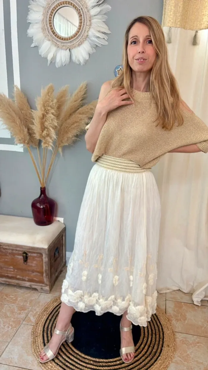 Jupe longue crème bohème avec broderies et fleurs Taille unique - photo numéro 10
