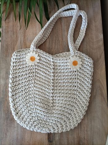 Sac tissé au crochet corde beige crème Marguerites