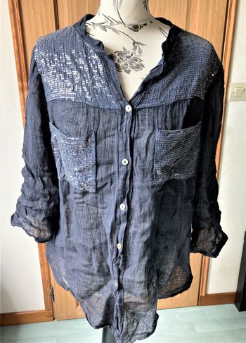 Chemise légère marine à sequins lin et coton taille 38/40