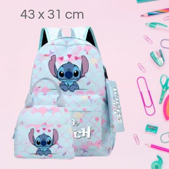 🌸 Ensemble scolaire Sac à Dos, Lunchbox et Trousse Stitch bleu pastel