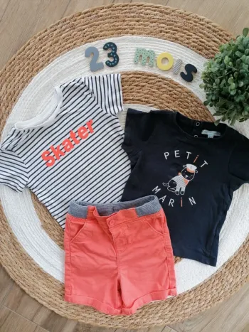 Ensemble short orange + deux tee-shirts - 24 mois