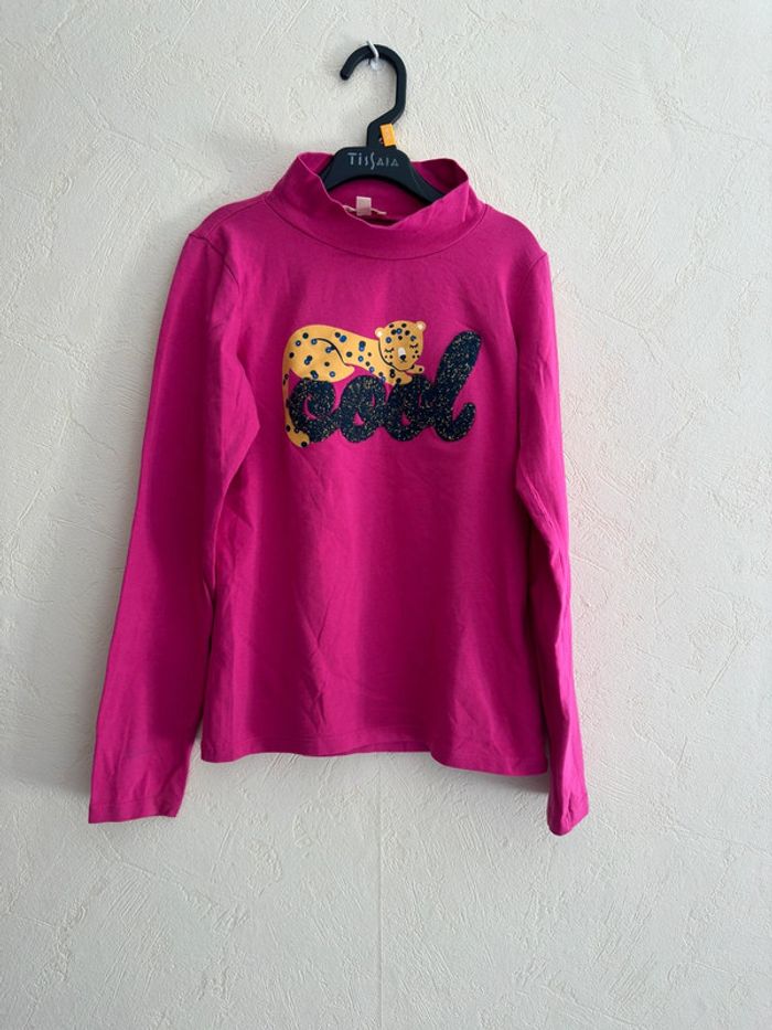 T-shirt rose col roulé en coton manches longues imprimée fille 10 ans comme neuf