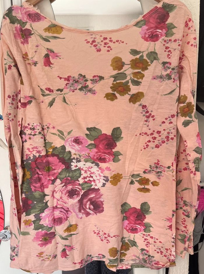 Pull col rond, rose clair à motif fleuris, 100% coton, fabriqué en Italie , M - photo numéro 3