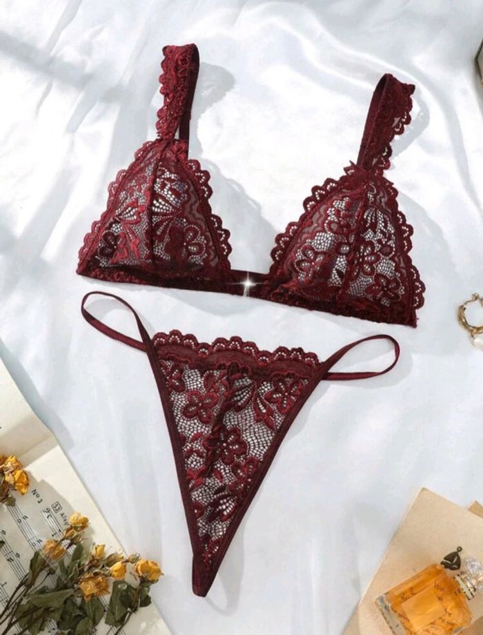 Ensemble lingerie string ficelle bordeaux/ acajou - photo numéro 5