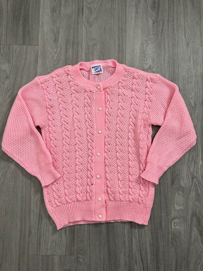 Cardigan en laine rose bonbon mailles torsades Vintage T44 XXL
