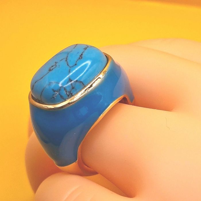 neuf idéal cadeau a tout petit prix grosse bague cabochon en acier inoxydable doré et turquoise