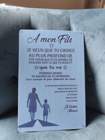 Plaque métal citation amour mère fils neuve 20x30cm