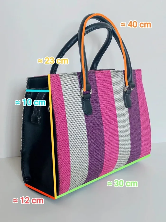 Sac à main rayé rose violet argent bandoulière amovible / David Jones - 30×23×10cm - photo numéro 13