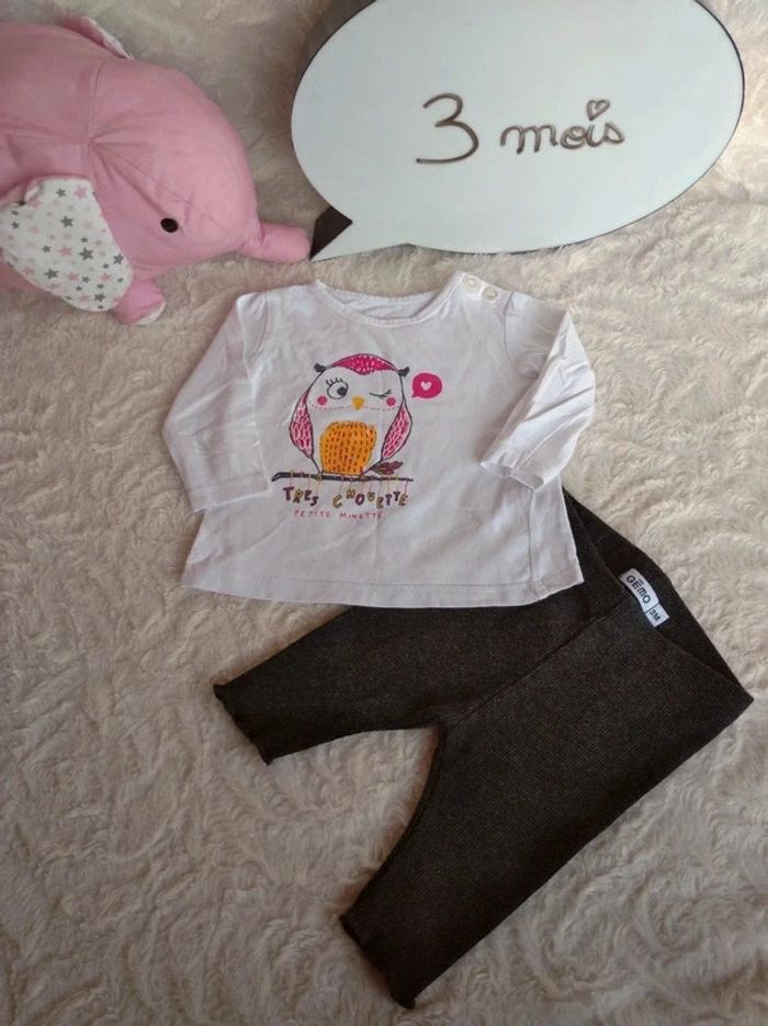 Ensemble (tee shirt manches longues+legging côtelé) Fille 3 mois Chouette Minette Gémo
