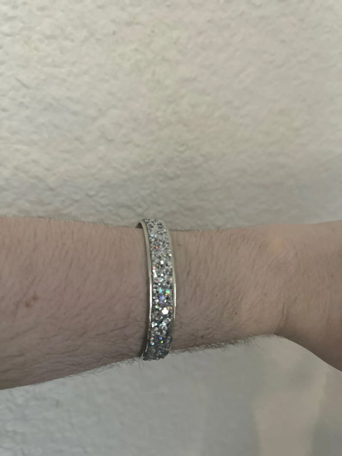 Bracelet manchette opale glitter paillette argent irridescent